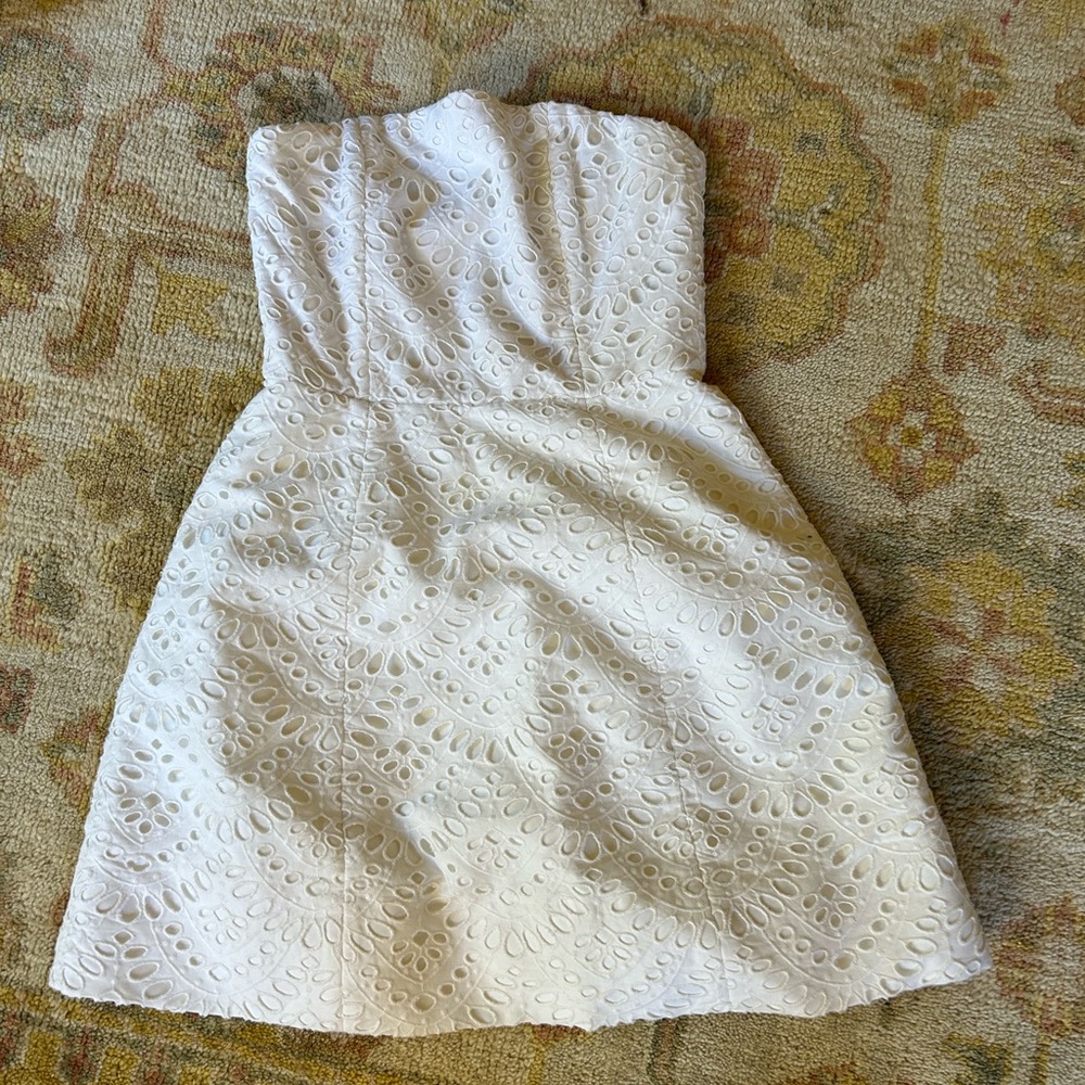 alice and olivia strapless white eyelet dress